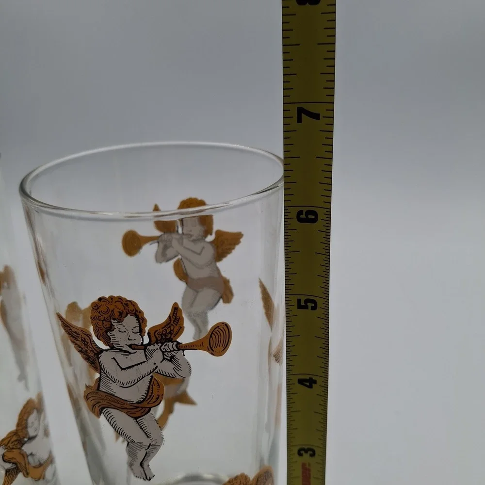 Vintage Culver Tall Cooler Barware Glasses Cherubs & Stars Set of 2 Made In USA